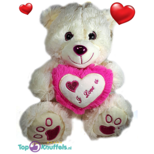 Whitete Teddy Bear Whiteh White en donker Pink Heart ”I Love U” 32 cm
