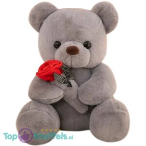 Bear Plush Toy Grijs Whiteh Rode Roos 23 cm